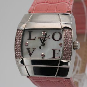 Y2K Swiss Legend LOVE Dial Watch 38mm Pink Crystal Case Quartz Running